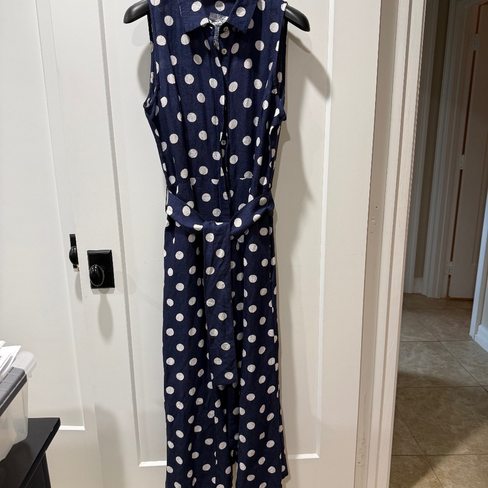 Boston Proper Maxi Dress, Navy with white polka dots, size Large, never worn